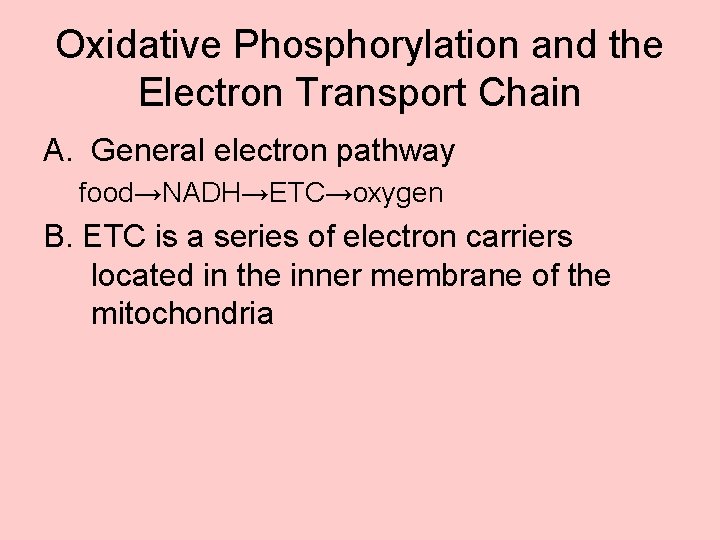 Oxidative Phosphorylation and the Electron Transport Chain A. General electron pathway food→NADH→ETC→oxygen B. ETC