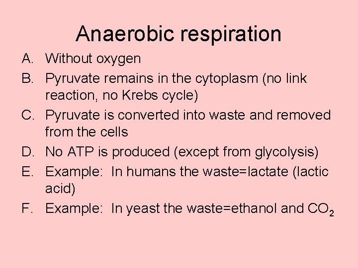 Anaerobic respiration A. Without oxygen B. Pyruvate remains in the cytoplasm (no link reaction,