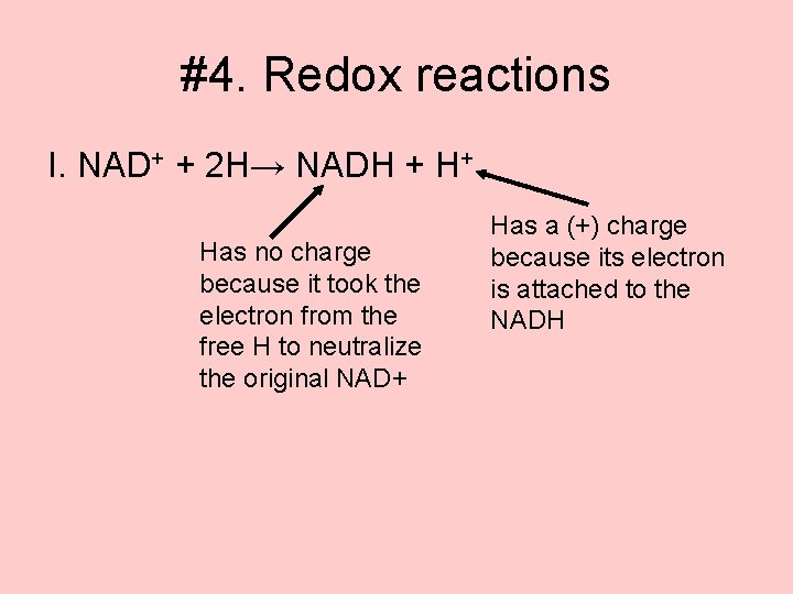 #4. Redox reactions I. NAD+ + 2 H→ NADH + H+ Has no charge