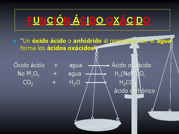 FUNCIÓN ÁCIDO OXÁCIDO n “Un óxido ácido o anhídrido al reaccionar con el agua