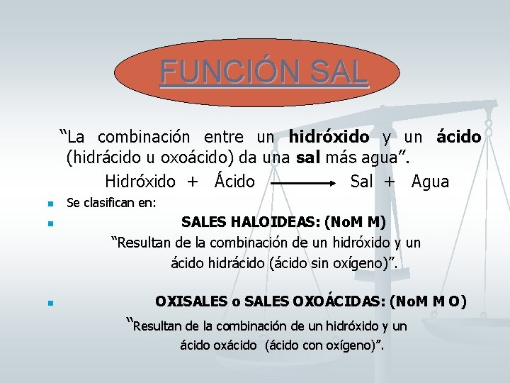 FUNCIÓN SAL “La combinación entre un hidróxido y un ácido (hidrácido u oxoácido) da