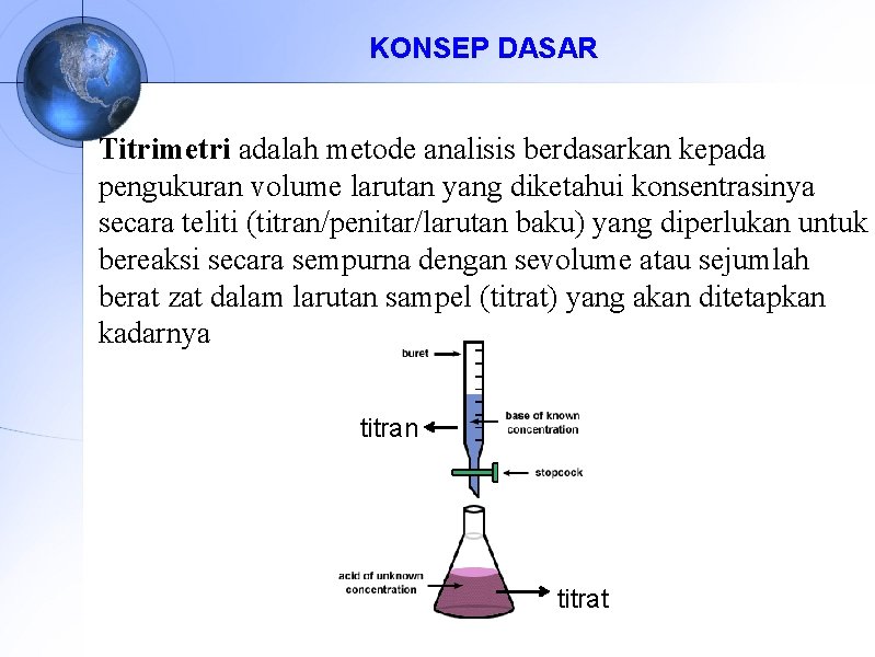 KONSEP DASAR Titrimetri adalah metode analisis berdasarkan kepada pengukuran volume larutan yang diketahui konsentrasinya