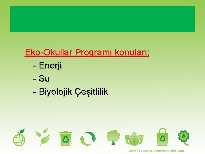 Eko-Okullar Programı konuları; - Enerji - Su - Biyolojik Çeşitlilik 