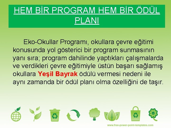 HEM BİR PROGRAM HEM BİR ÖDÜL PLANI Eko-Okullar Programı, okullara çevre eğitimi konusunda yol