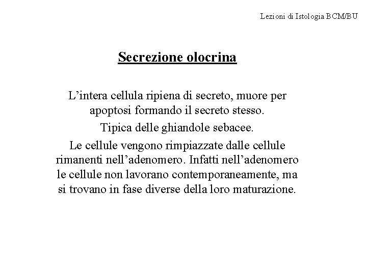 Lezioni di Istologia BCM/BU Secrezione olocrina L’intera cellula ripiena di secreto, muore per apoptosi