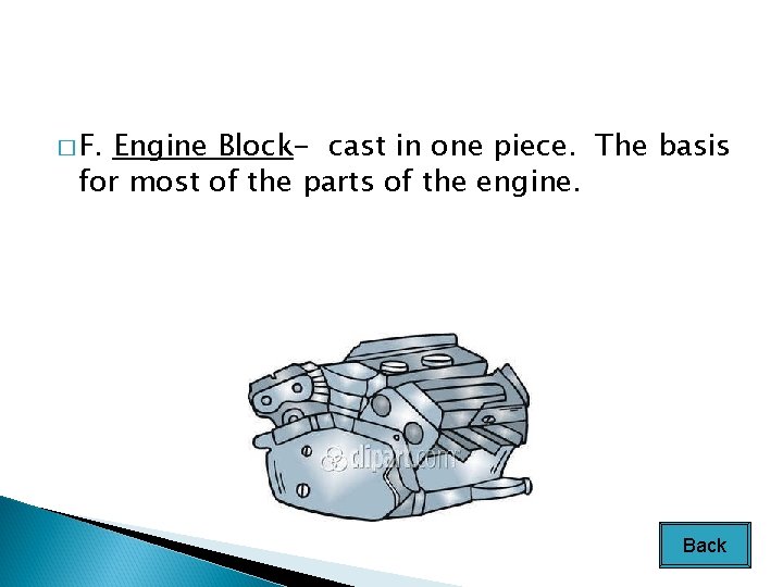 � F. Engine Block- cast in one piece. The basis for most of the