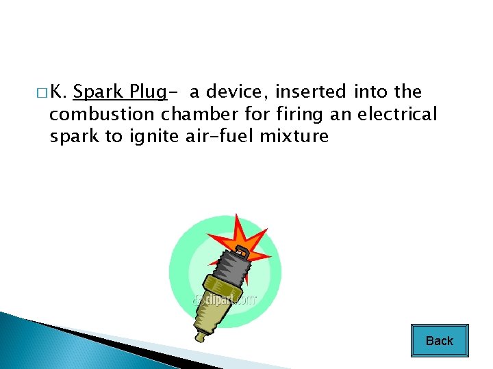 � K. Spark Plug- a device, inserted into the combustion chamber for firing an