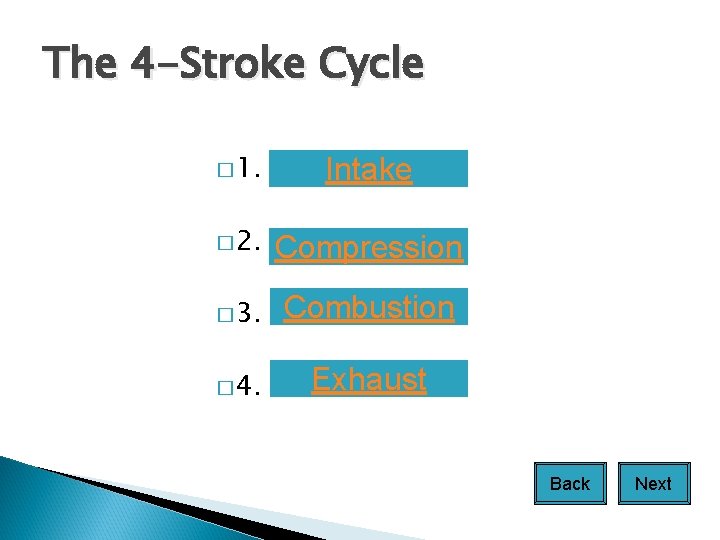 The 4 -Stroke Cycle � 1. Intake � 2. Compression � 3. Combustion �
