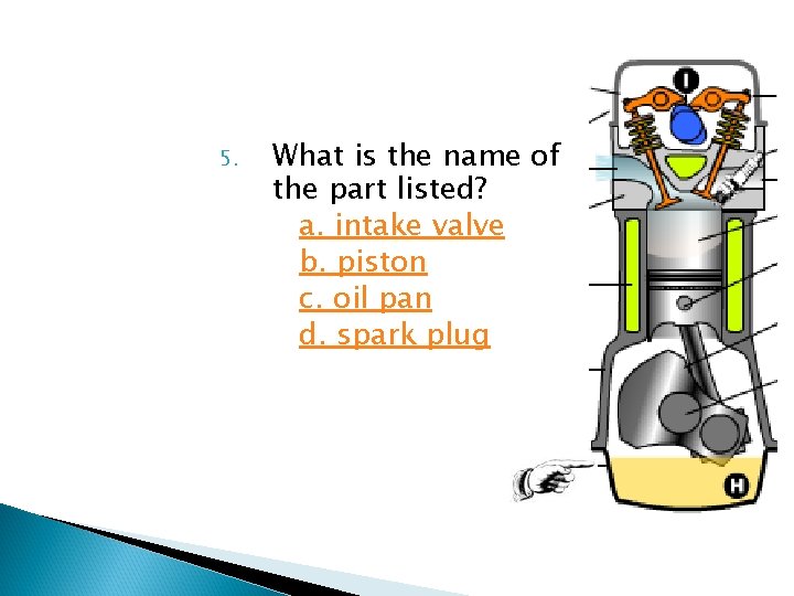 5. What is the name of the part listed? a. intake valve b. piston