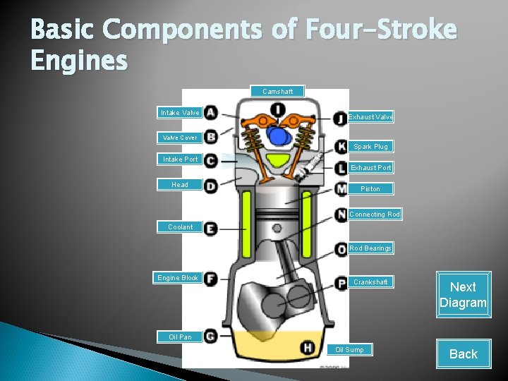 Basic Components of Four-Stroke Engines Camshaft Intake Valve Exhaust Valve Cover Spark Plug Intake