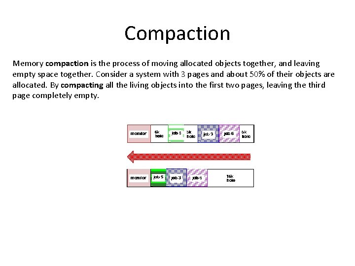 Compaction Memory compaction is the process of moving allocated objects together, and leaving empty Compaction Memory compaction is the process of moving allocated objects together, and leaving empty