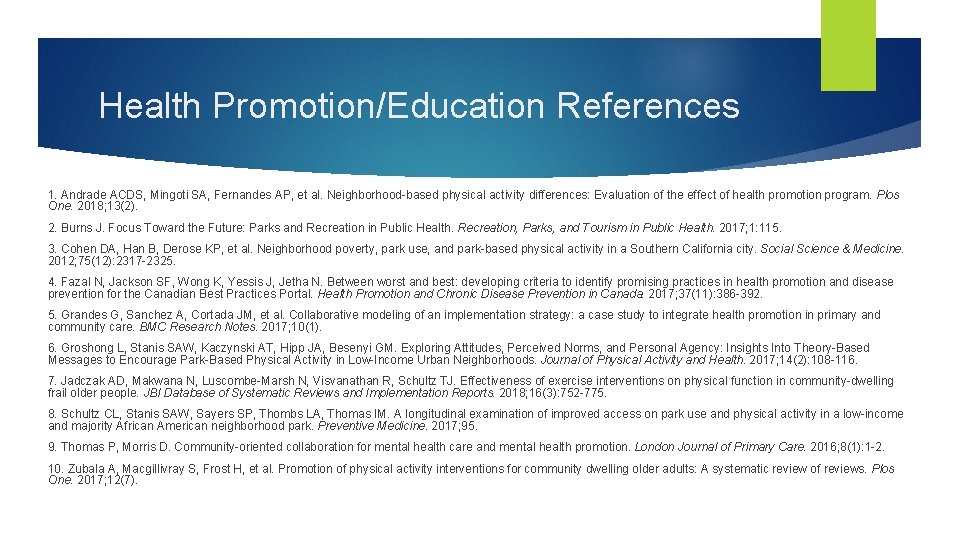 Health Promotion/Education References 1. Andrade ACDS, Mingoti SA, Fernandes AP, et al. Neighborhood-based physical