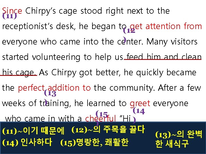 Since Chirpy’s cage stood right next to the (11) receptionist’s desk, he began to(12
