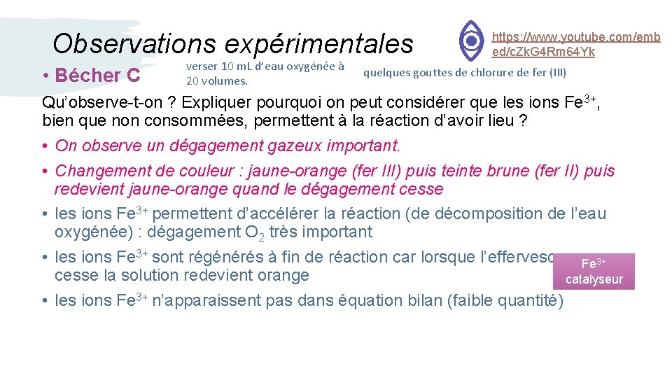 Observations expérimentales • Bécher C verser 10 m. L d’eau oxygénée à 20 volumes.