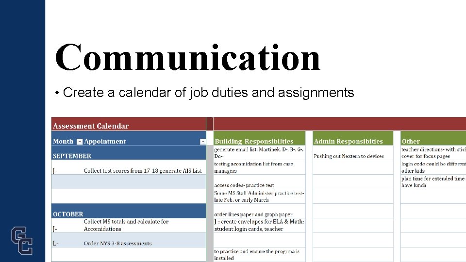 Communication • Create a calendar of job duties and assignments 