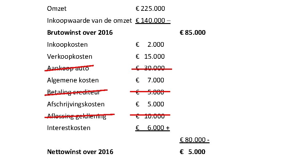 Omzet € 225. 000 Inkoopwaarde van de omzet € 140. 000 – Brutowinst over