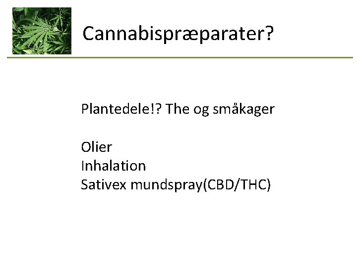 Cannabispræparater? Plantedele!? The og småkager Olier Inhalation Sativex mundspray(CBD/THC) 