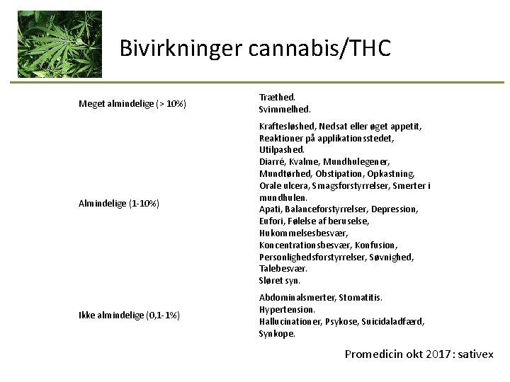 Bivirkninger cannabis/THC Meget almindelige (> 10%) Træthed. Svimmelhed. Almindelige (1 -10%) Kraftesløshed, Nedsat eller