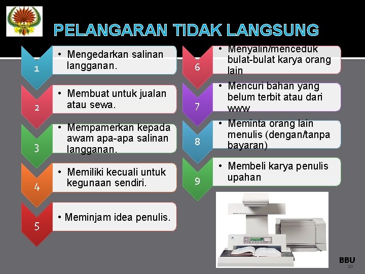 PELANGARAN TIDAK LANGSUNG 8 • Menyalin/menceduk bulat-bulat karya orang lain • Mencuri bahan yang