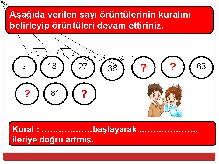 Aşağıda verilen sayı örüntülerinin kuralını belirleyip örüntüleri devam ettiriniz. 9 ? 18 81 27
