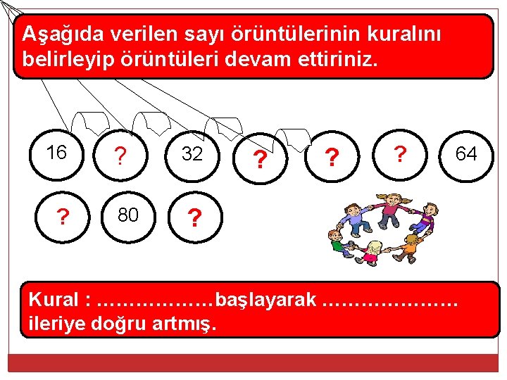 Aşağıda verilen sayı örüntülerinin kuralını belirleyip örüntüleri devam ettiriniz. 16 ? ? 80 32