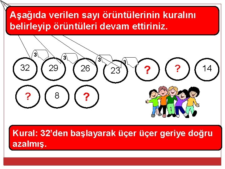 Aşağıda verilen sayı örüntülerinin kuralını belirleyip örüntüleri devam ettiriniz. 3 32 29 26 ?