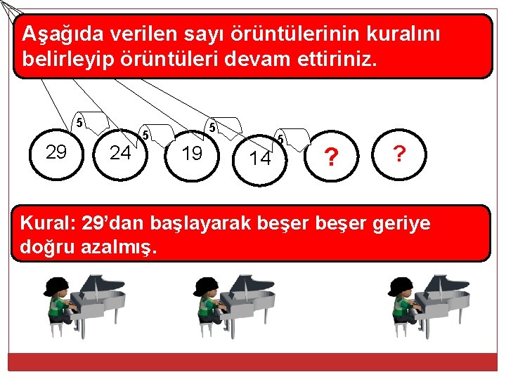 Aşağıda verilen sayı örüntülerinin kuralını belirleyip örüntüleri devam ettiriniz. 5 29 24 5 5