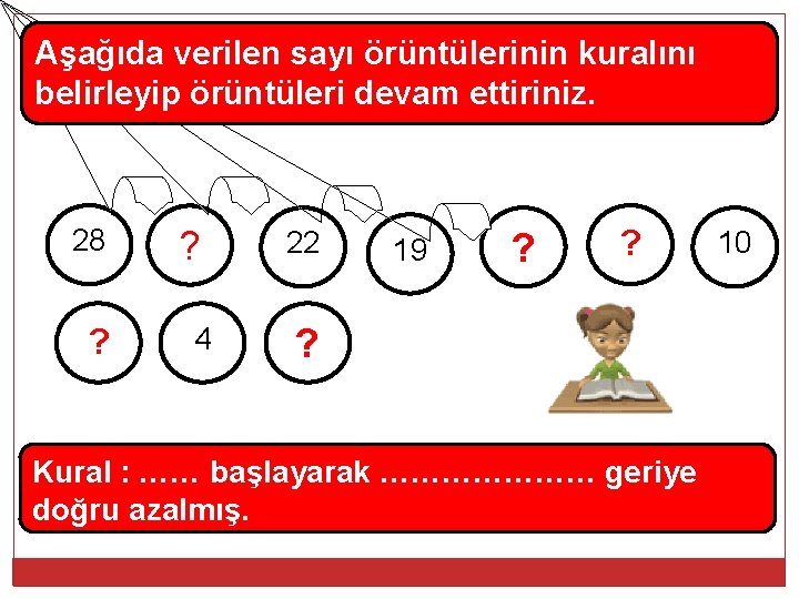 Aşağıda verilen sayı örüntülerinin kuralını belirleyip örüntüleri devam ettiriniz. 28 ? ? 4 22