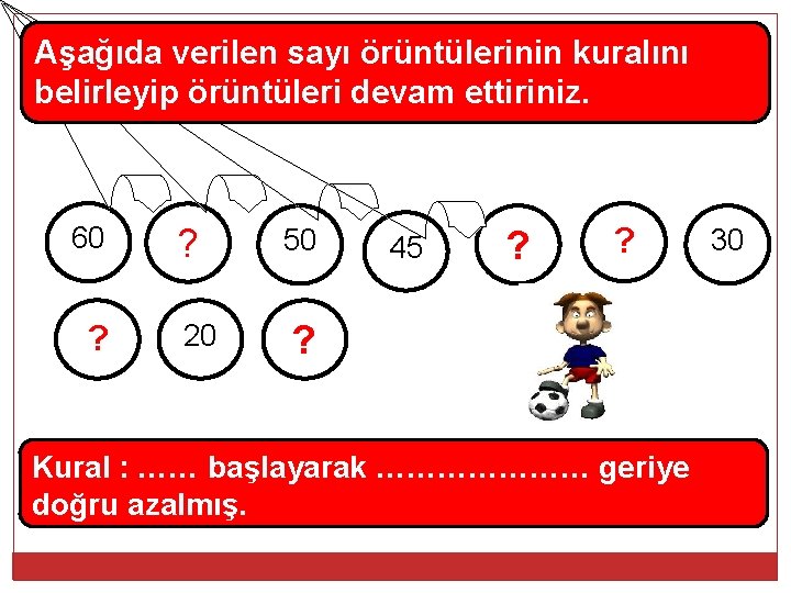 Aşağıda verilen sayı örüntülerinin kuralını belirleyip örüntüleri devam ettiriniz. 60 ? ? 20 50