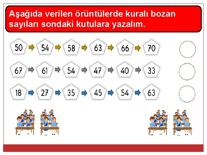 Aşağıda verilen örüntülerde kuralı bozan sayıları sondaki kutulara yazalım. 