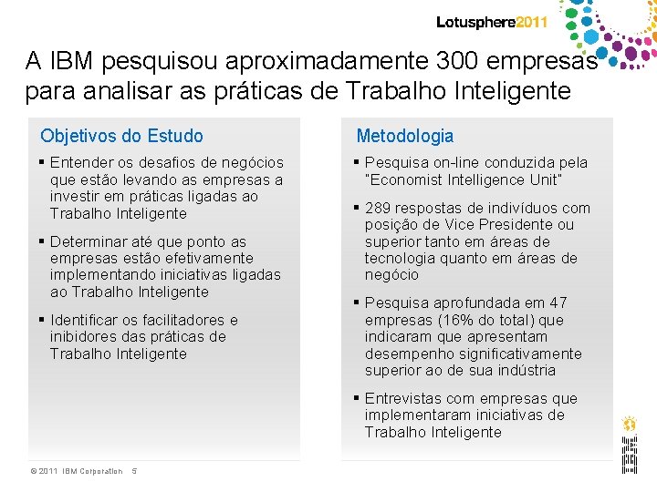 A IBM pesquisou aproximadamente 300 empresas para analisar as práticas de Trabalho Inteligente Objetivos