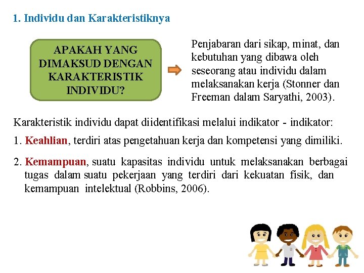 1. Individu dan Karakteristiknya APAKAH YANG DIMAKSUD DENGAN KARAKTERISTIK INDIVIDU? Penjabaran dari sikap, minat,