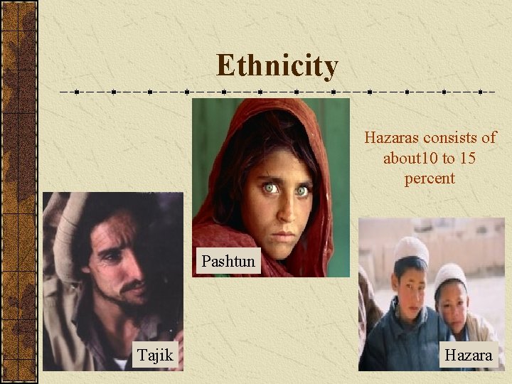 Ethnicity Hazaras consists of about 10 to 15 percent Pashtun Tajik Hazara 