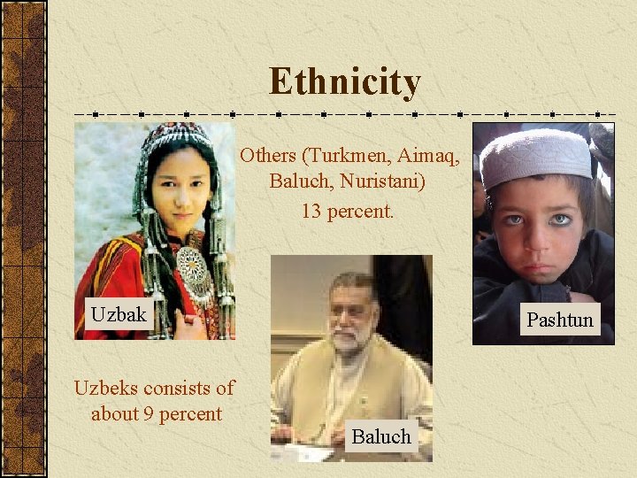 Ethnicity Others (Turkmen, Aimaq, Baluch, Nuristani) 13 percent. Uzbak Uzbeks consists of about 9