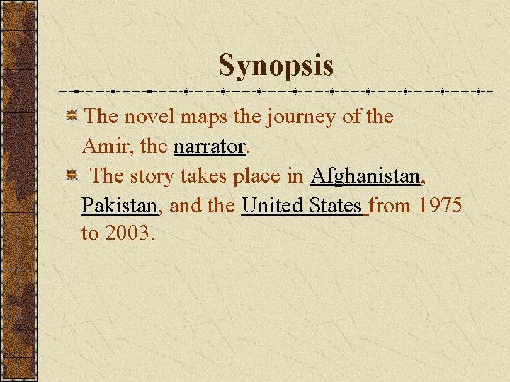 Synopsis The novel maps the journey of the Amir, the narrator. The story takes