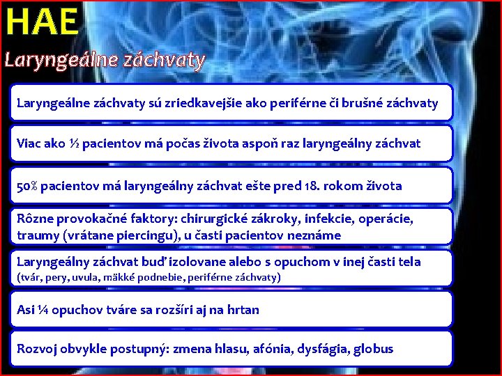 HAE Laryngeálne záchvaty sú zriedkavejšie ako periférne či brušné záchvaty Viac ako ½ pacientov