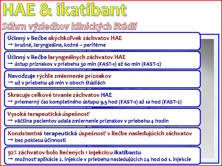 HAE & ikatibant Súhrn výsledkov klinických štúdií Účinný v liečbe akýchkoľvek záchvatov HAE →