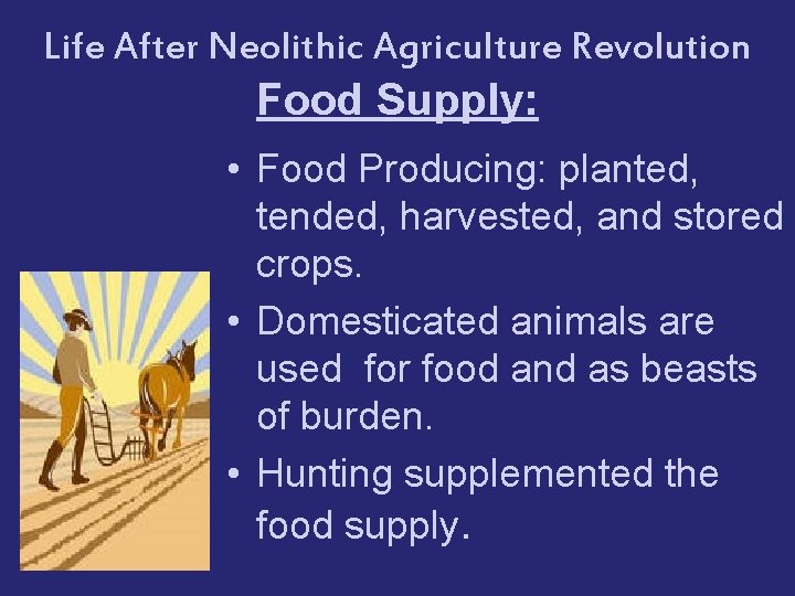 Life After Neolithic Agriculture Revolution Food Supply: © CSCOPE 2009 • Food Producing: planted,