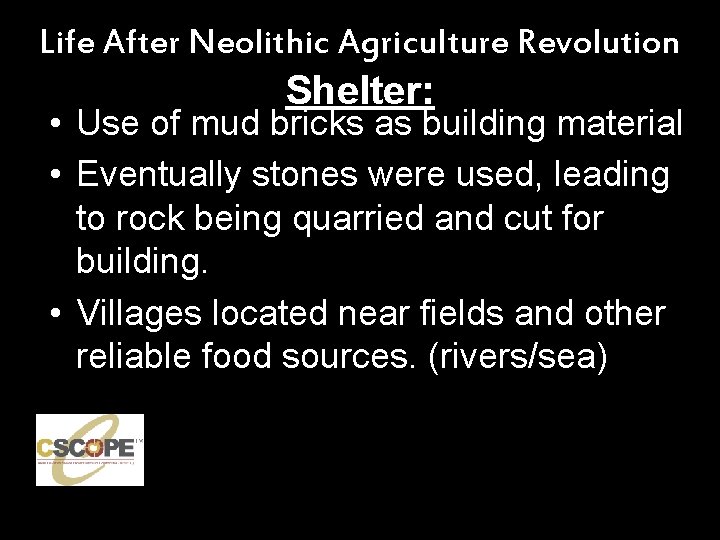 Life After Neolithic Agriculture Revolution Shelter: • Use of mud bricks as building material
