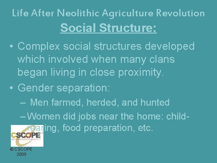 Life After Neolithic Agriculture Revolution Social Structure: • Complex social structures developed which involved