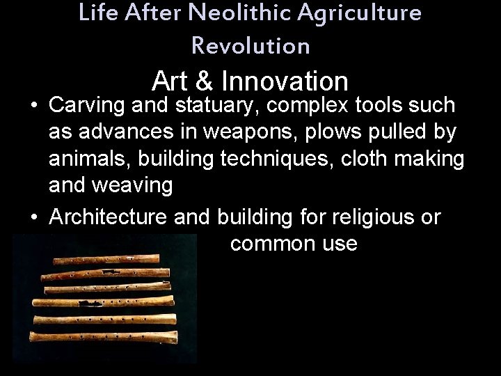 Life After Neolithic Agriculture Revolution Art & Innovation • Carving and statuary, complex tools