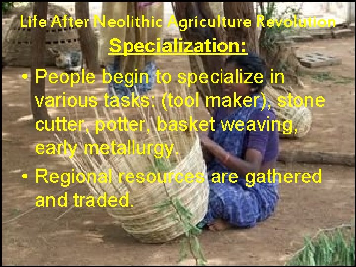 Life After Neolithic Agriculture Revolution Specialization: • People begin to specialize in various tasks: