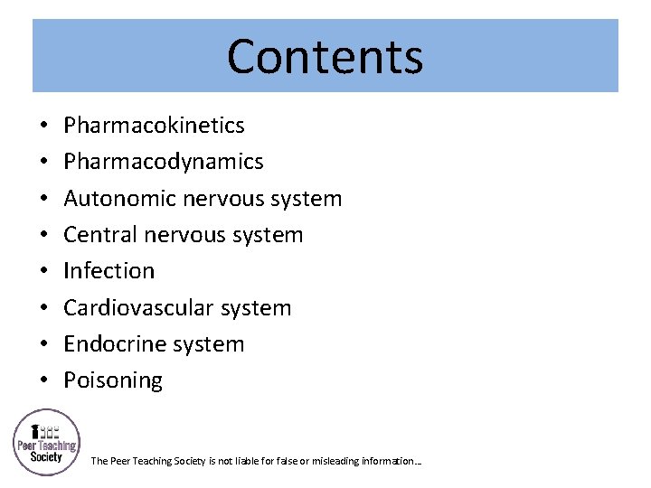 Contents • • Pharmacokinetics Pharmacodynamics Autonomic nervous system Central nervous system Infection Cardiovascular system