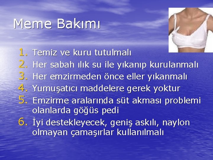 Meme Bakımı 1. 2. 3. 4. 5. 6. Temiz ve kuru tutulmalı Her sabah