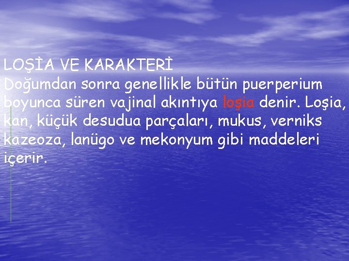 LOŞİA VE KARAKTERİ Doğumdan sonra genellikle bütün puerperium boyunca süren vajinal akıntıya loşia denir.