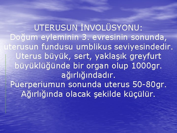 UTERUSUN İNVOLÜSYONU: Doğum eyleminin 3. evresinin sonunda, uterusun fundusu umblikus seviyesindedir. Uterus büyük, sert,