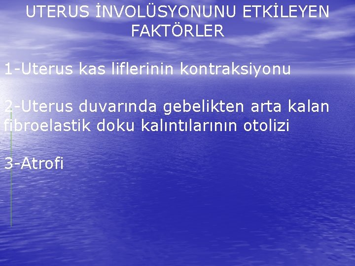 UTERUS İNVOLÜSYONUNU ETKİLEYEN FAKTÖRLER 1 -Uterus kas liflerinin kontraksiyonu 2 -Uterus duvarında gebelikten arta