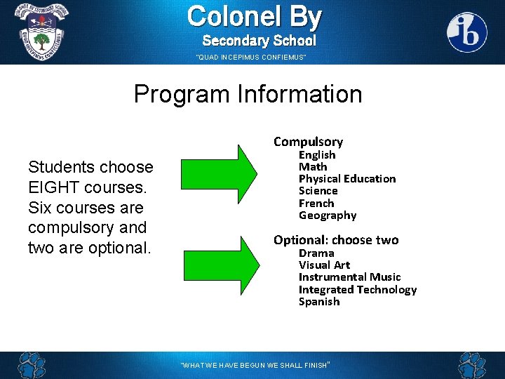 Colonel By Secondary School “QUAD INCEPIMUS CONFIEMUS” Program Information Compulsory Students choose EIGHT courses.