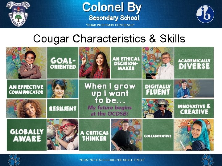 Colonel By Secondary School “QUAD INCEPIMUS CONFIEMUS” Cougar Characteristics & Skills “WHAT WE HAVE