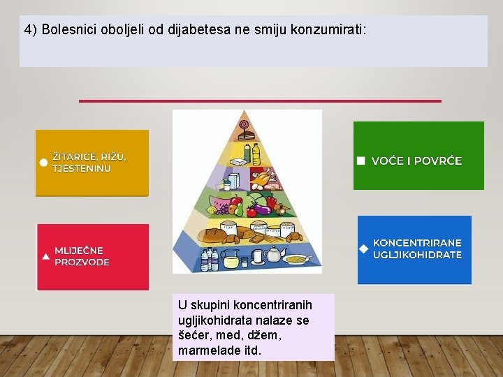 4) Bolesnici oboljeli od dijabetesa ne smiju konzumirati: U skupini koncentriranih ugljikohidrata nalaze se